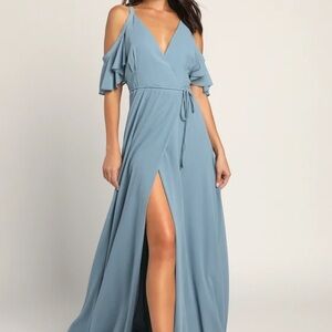 Lulu’s Easy Listening Slate Blue Cold-Shoulder Wrap Maxi Dress Size Large
